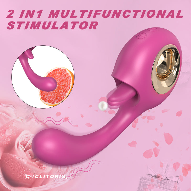 YoYoLemon G Spot Dildo Vibrator, 2 i 1 klitoris tunge slikkende og vibrerende rose sexstimulator til kvinder, sexlegetøj til voksne